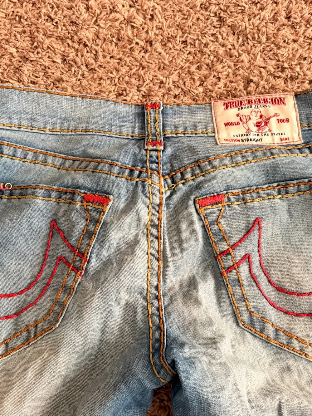 True Religion Light Blue Straight Jeans with Red Accent Stitching